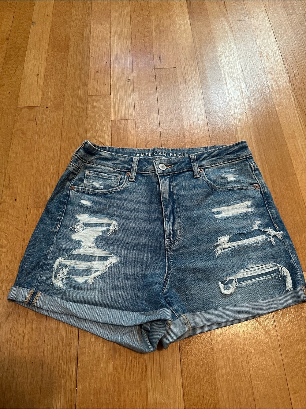 American Eagle Outfitters Distressed Mid/Light Blue Denim Mom Shorts